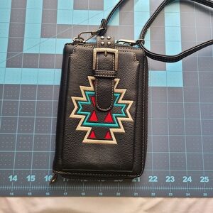 Montana West Southwestern Embroidered Black Leather Crossbody Cell Phone Purse